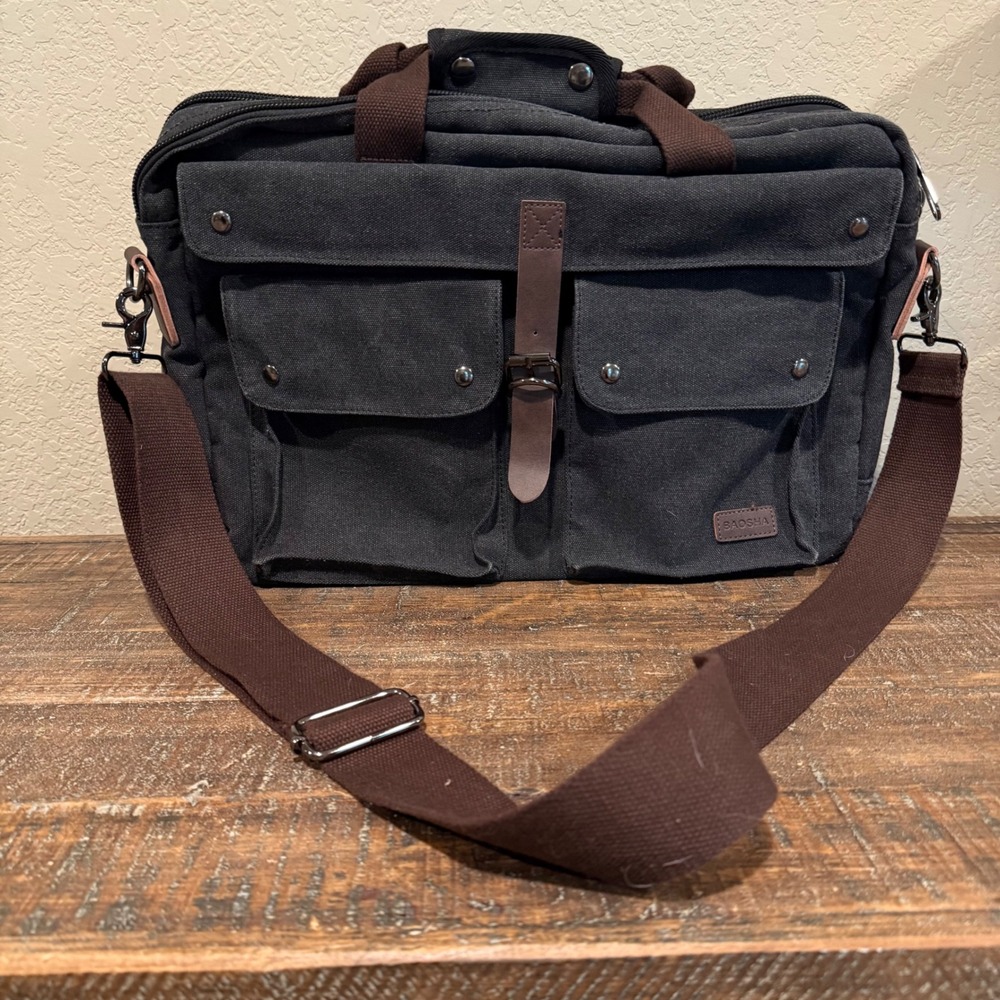 BAOSHA Messenger Bag Mens Black Canvas Laptop Briefcase Office Work Casual OS